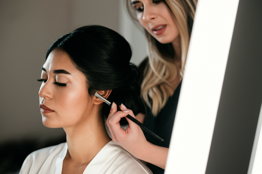 Bride getting ready for wedding day with professional beauty services